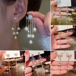 Fashion Pearl Long Tassel Zircon Earrings Drop Dangle Jewelry Women Wedding Gift