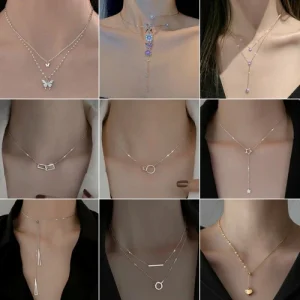 Silver Zircon Heart Butterfly Pendant Necklace Clavicle Chain Women Jewelry