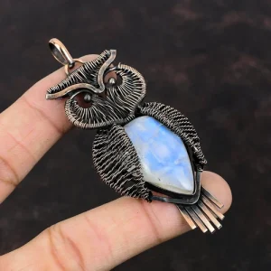 Gift For Women Jewelry Wire Wrapped Owl Pendant Copper Rainbow Moonstone 3.35