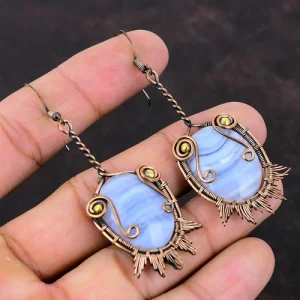 Blue Lace Agate Jewelry Copper Mom Gift Wire Wrapped Drop/Dangle Earrings 2.95