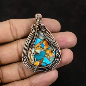 Gift For Her Copper Spiny Oyster Turquoise Jewelry Wire Wrapped Pendant 2.32