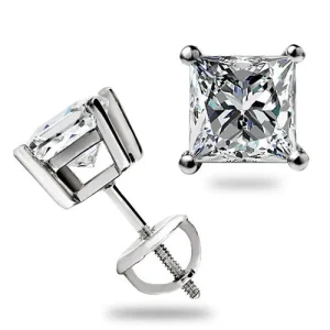 1.55 Ct GRA Moissanite Princess Cut Stud Earrings 14k White Gold Screw back New