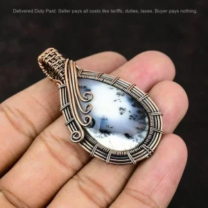 Valentines Sale Dendrite Opal Stone Wire Wrapped Sister Pendant Jewelry Copper