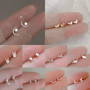 925 Silver Cute Rabbit Star Moon Heart Ear Stud Earrings Women Party Jewelry New